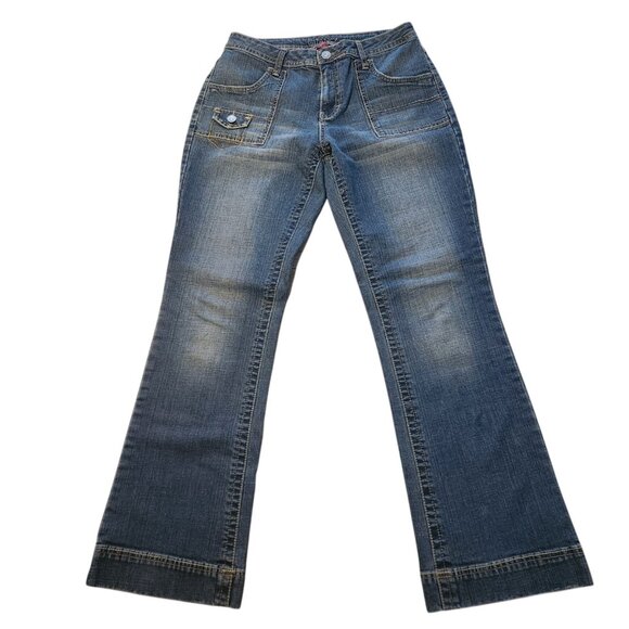 Gitano Flared Jeans Boho Blue Denim Flap Button Pockets Unique Womens 10 EUC - Picture 1 of 12
